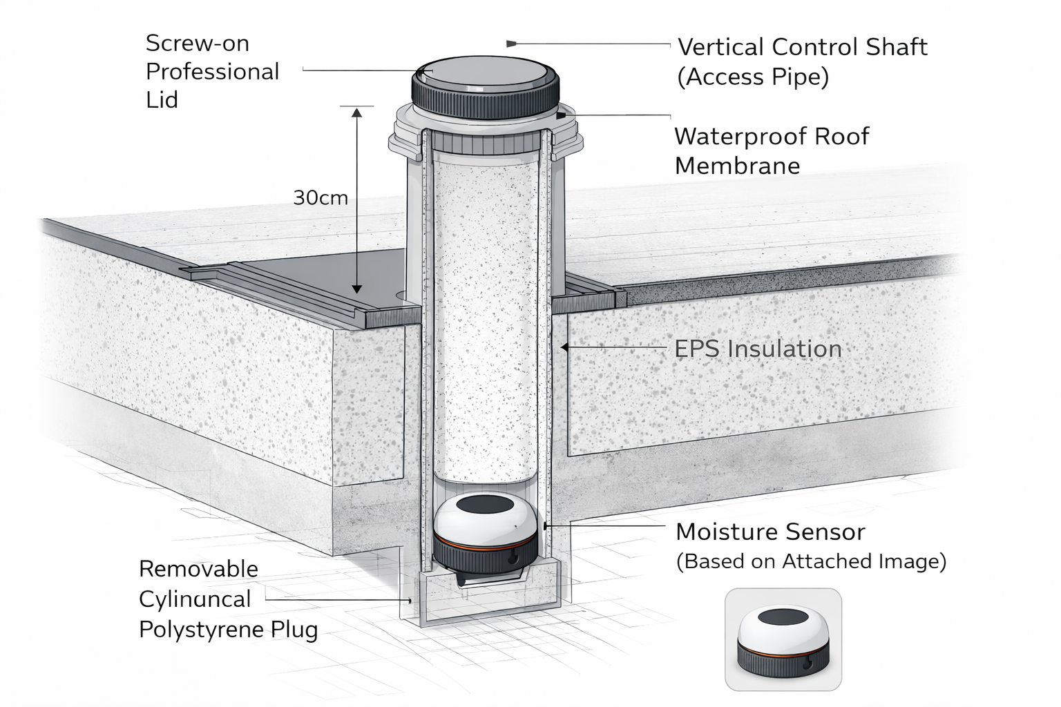 Roof cross-section showing a control shaft and sensor placement